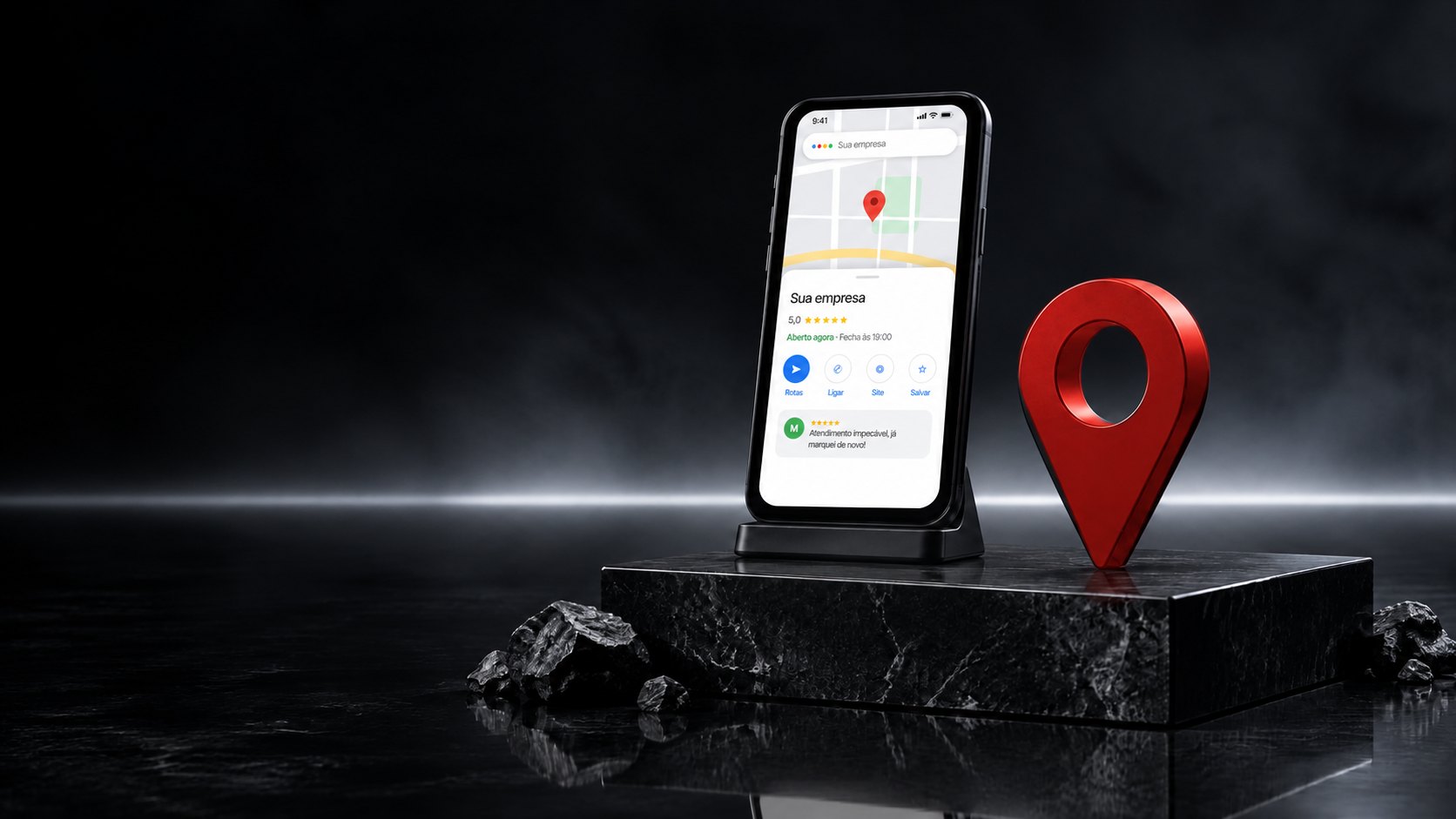 Celular com perfil de empresa no mapa ao lado de um pino de localização